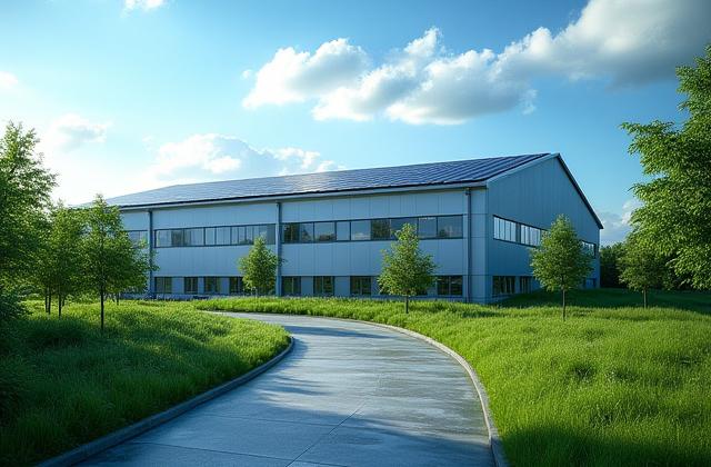 Moderne Fabrikanlage mit integrierten Nachhaltigkeitselementen